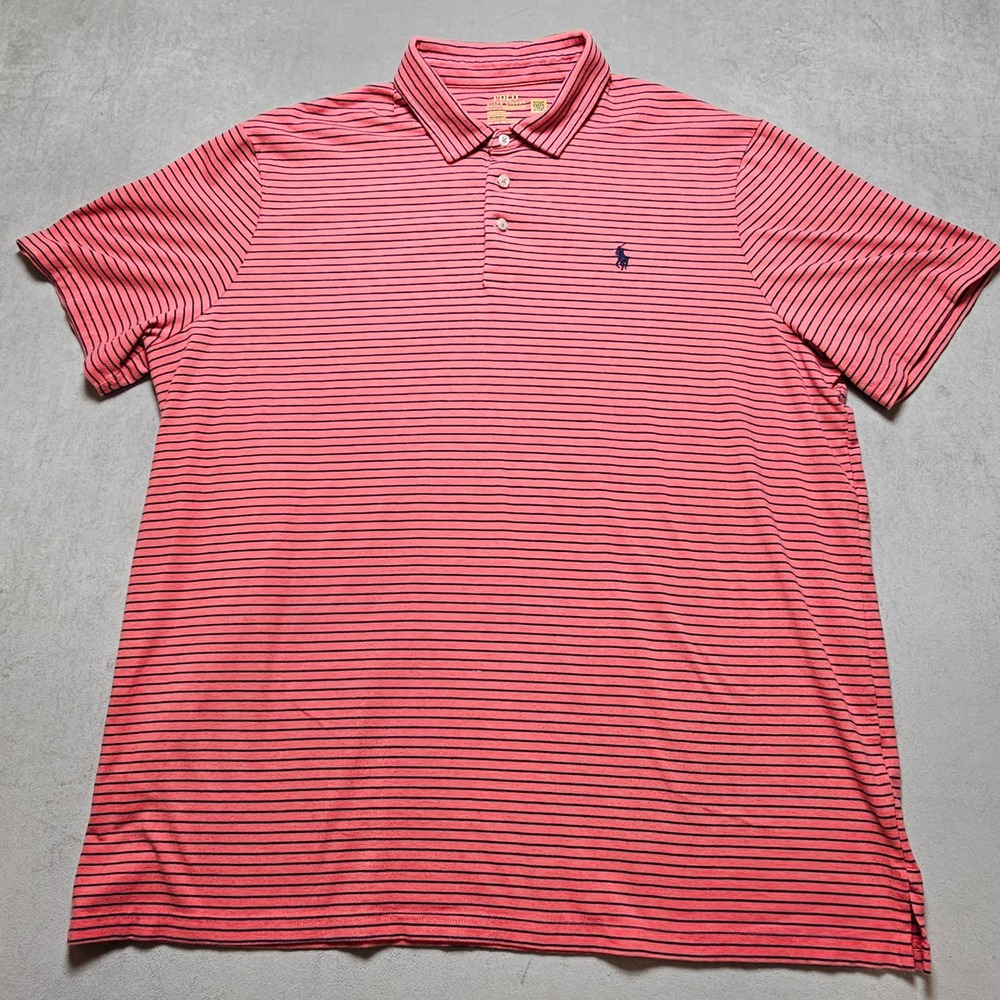 Polo Ralph Lauren Mens XXL Performance Polo Shirt Coral Pink Navy Blue‎ Striped